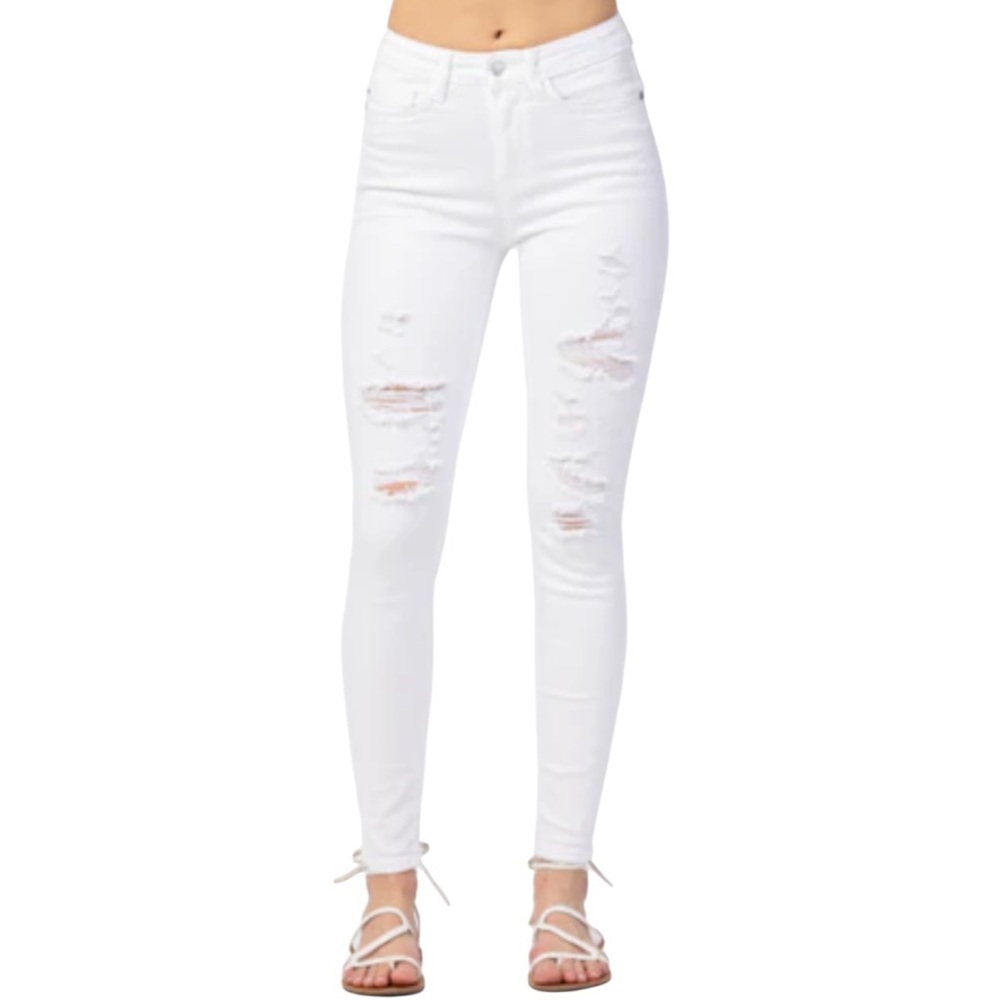 Judy Blue Skinny Fit White Stretch Denim Factory Ripped and Distressed Jeans 29